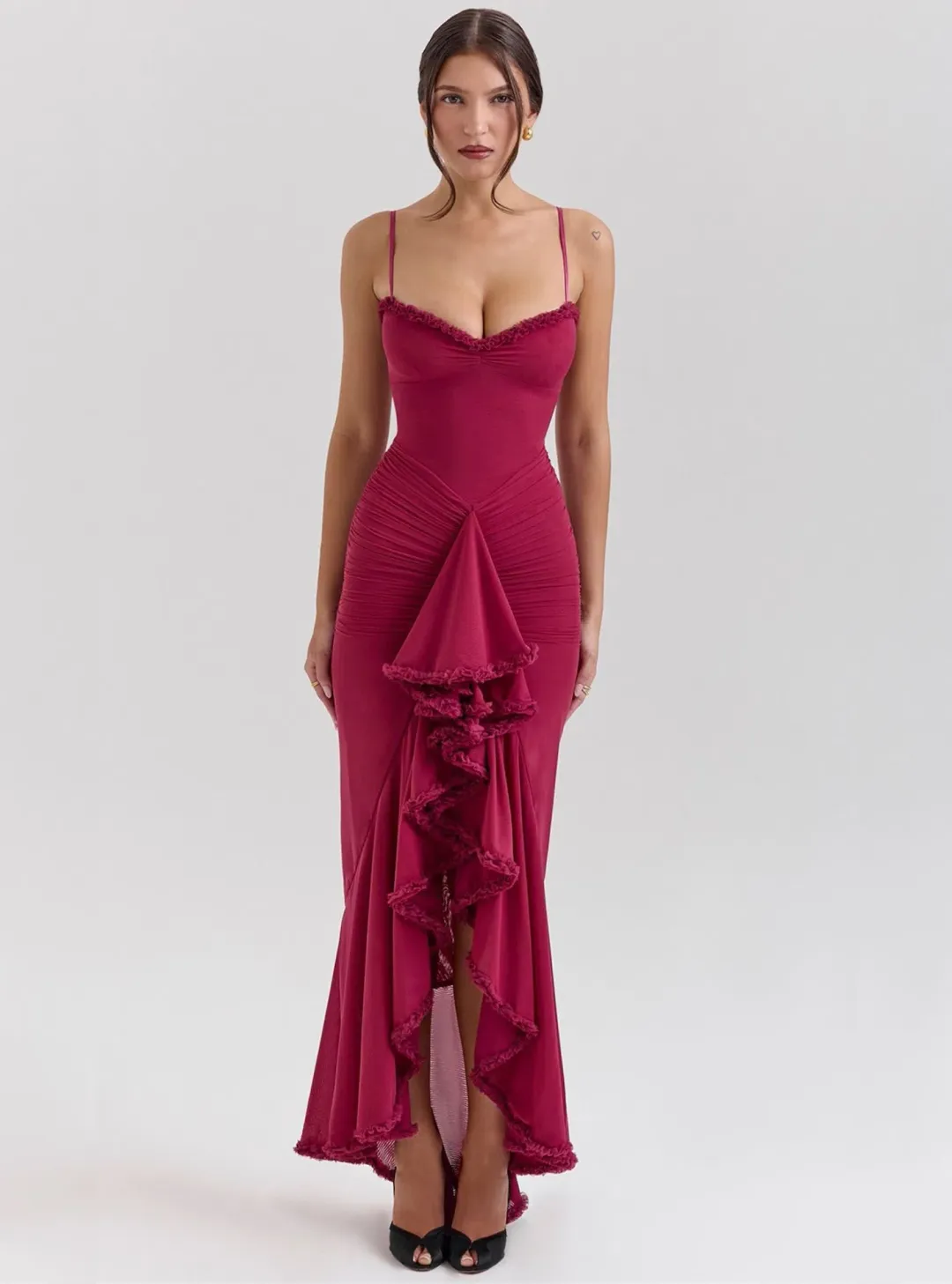 House of CB Gabbi Rufflled Front Gown Wine Size 12 for rent on The Volte - main image