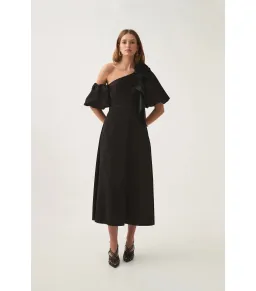 Aje Magnetic Draped Midi Dress Black Size AU 8 for rent on The Volte - image 1