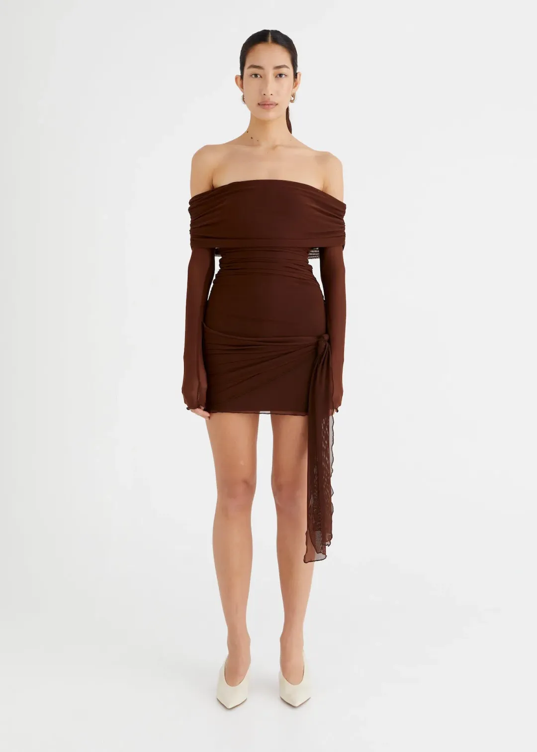 Benni Yasmin Off Shoulder Mini Dress Cacao Brown Size XS / AU 6 for rent on The Volte - main image