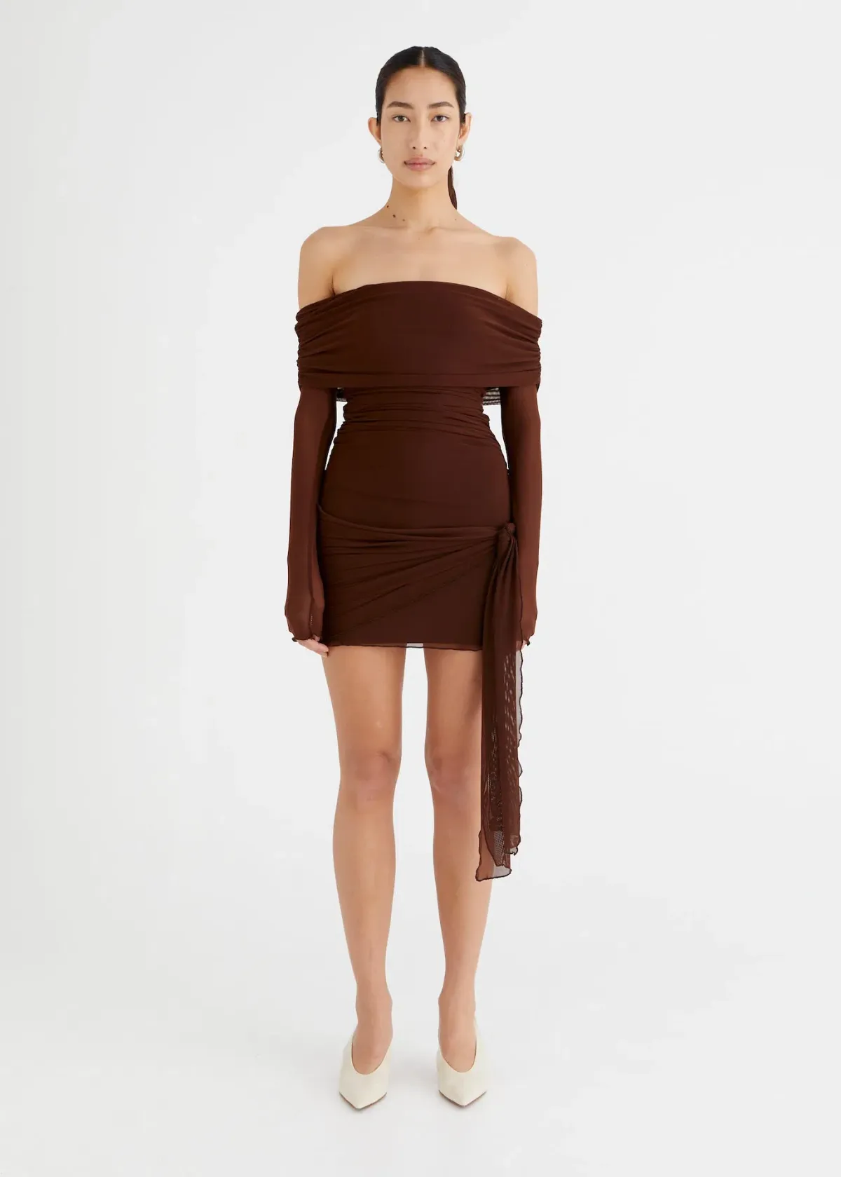 Benni Yasmin Off Shoulder Mini Dress Cacao Brown Size XS / AU 6 for rent on The Volte - main image