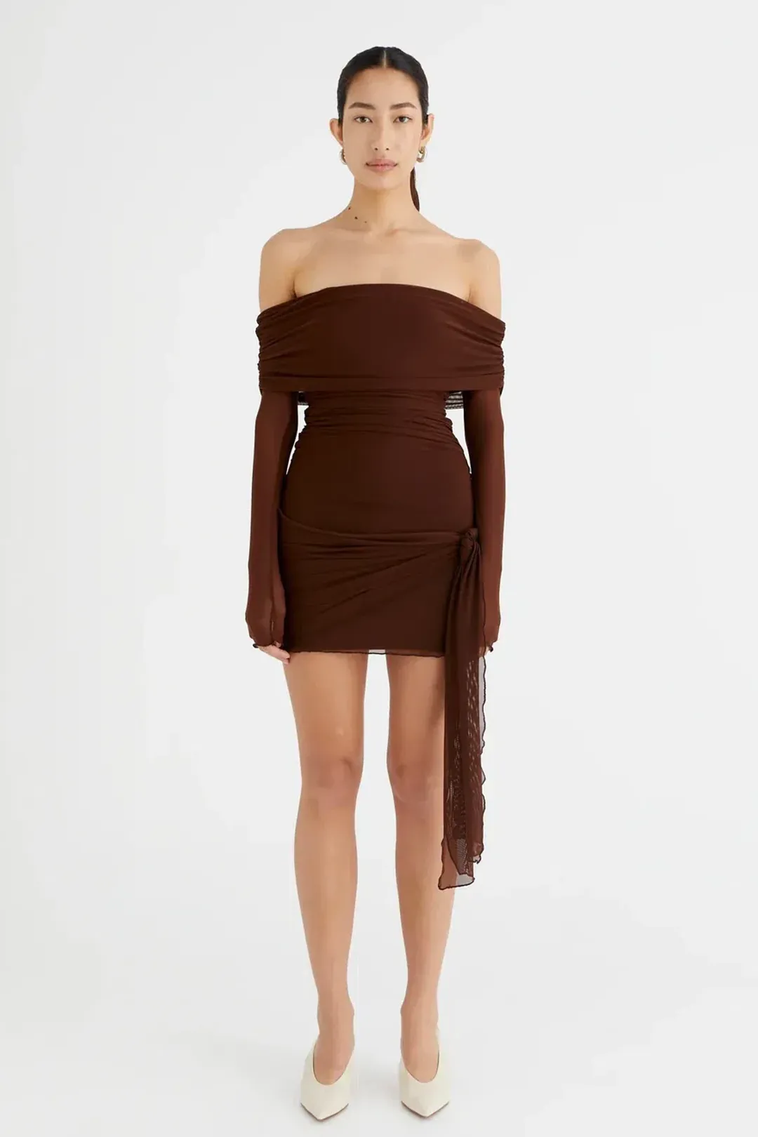 Benni Yasmin Off Shoulder Mini Dress Cacao Brown Size XS / AU 6 for rent on The Volte - main image
