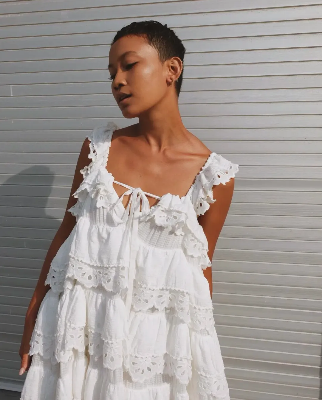 Innika Choo Schiffli Lace Frill Maxi Dress White Size 18 for rent on The Volte - main image