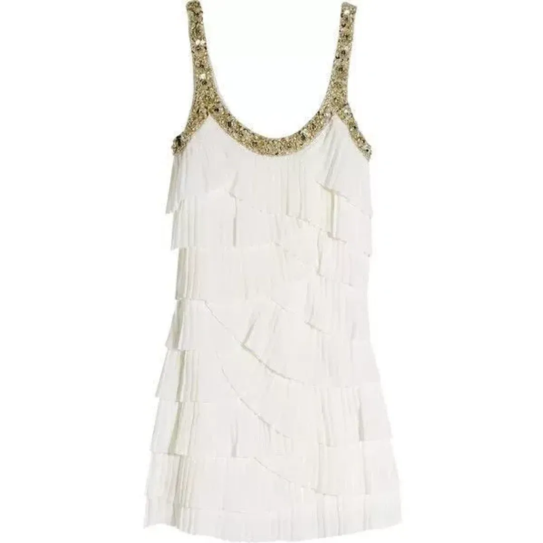 Rachel Gilbert Pleated Beaded Mini Dress White Size AU 8 for rent on The Volte - main image