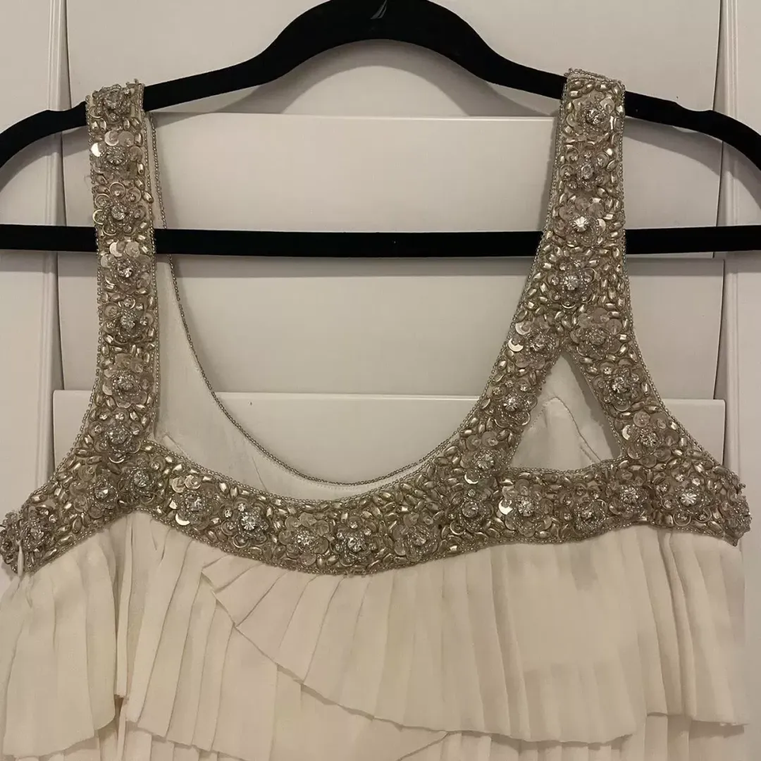 Rachel Gilbert Pleated Beaded Mini Dress White Size AU 8 for rent on The Volte - main image