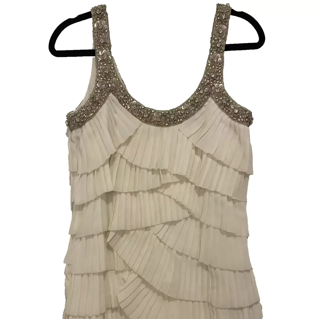 Rachel Gilbert Pleated Beaded Mini Dress White Size AU 8 for rent on The Volte - main image