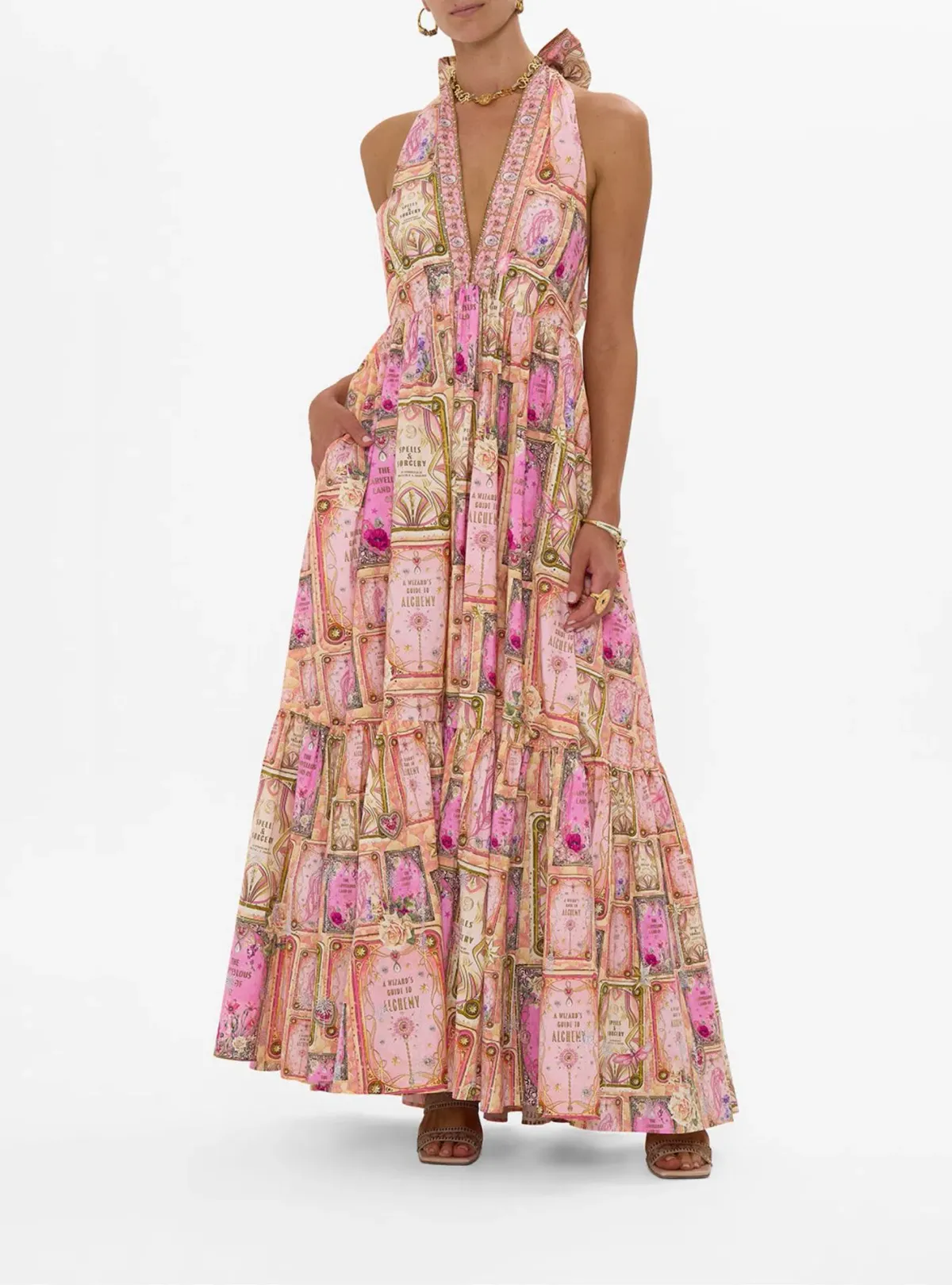 Camilla Ruffle Hem Halter Dress in Totally Ozmopolitan Size 12 for rent on The Volte - main image