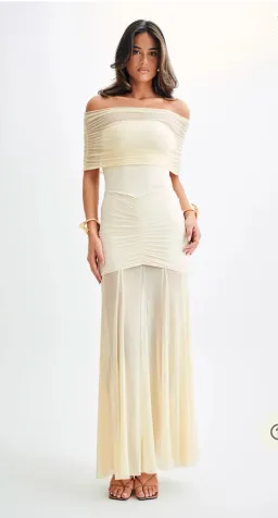 Meshki Caspian Slinky Mesh Off Shoulder Maxi Dress Ivory Size 6 for rent on The Volte - image 1