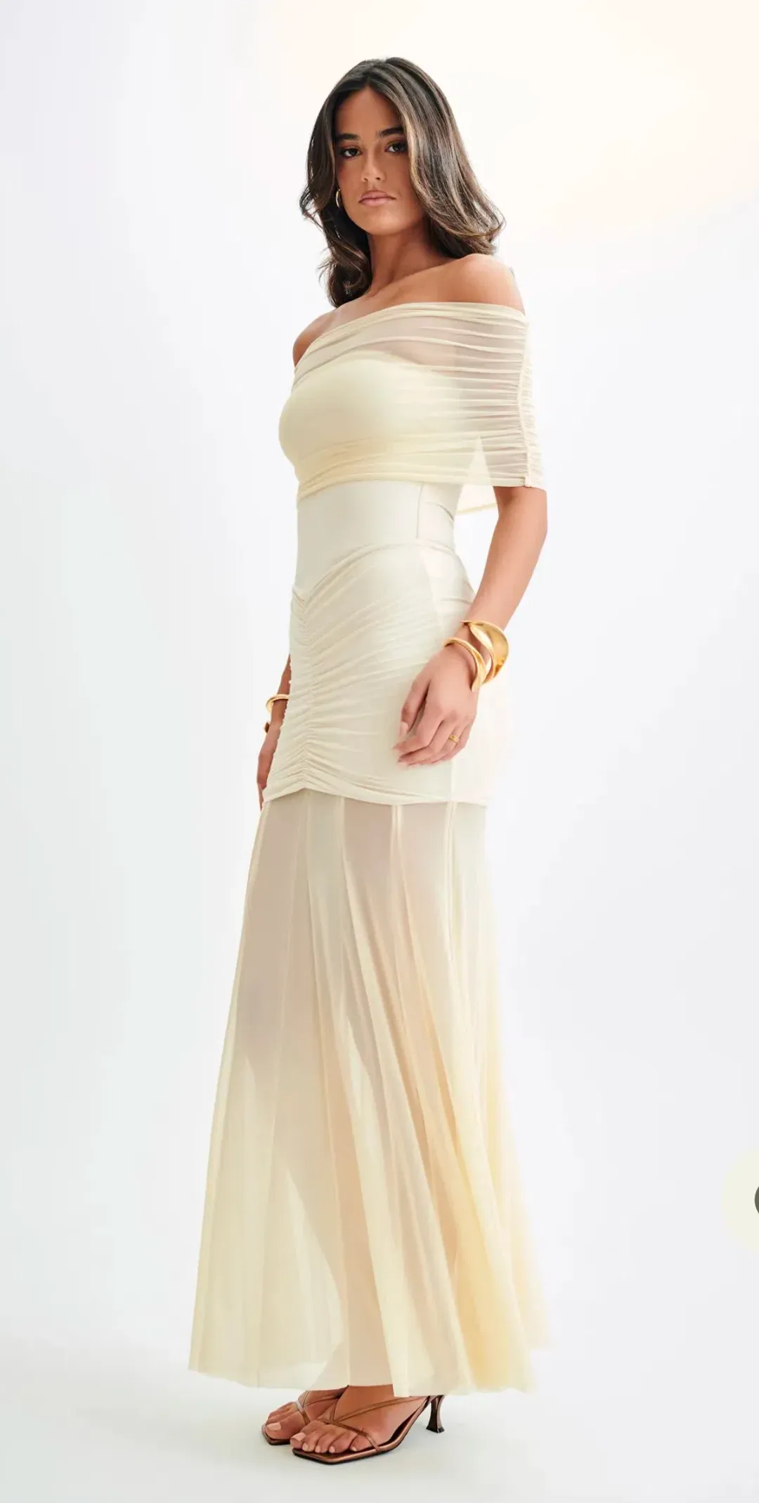 Meshki Caspian Slinky Mesh Off Shoulder Maxi Dress Ivory Size 6 for rent on The Volte - main image