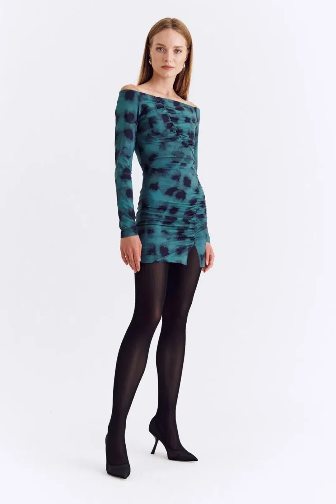 Suboo Shibori Long Sleeve Off Shoulder Dress Mini Green Size 8 for rent on The Volte - main image