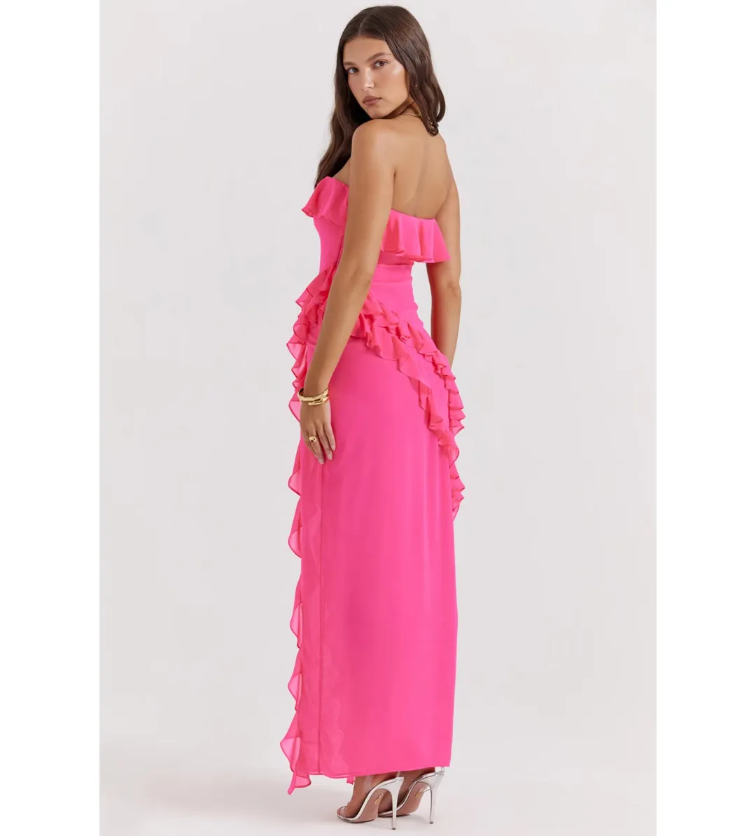 House of CB Sarina Ruffle Maxi Dress Fuchsia Size XS / AU 6 for rent on The Volte - main image