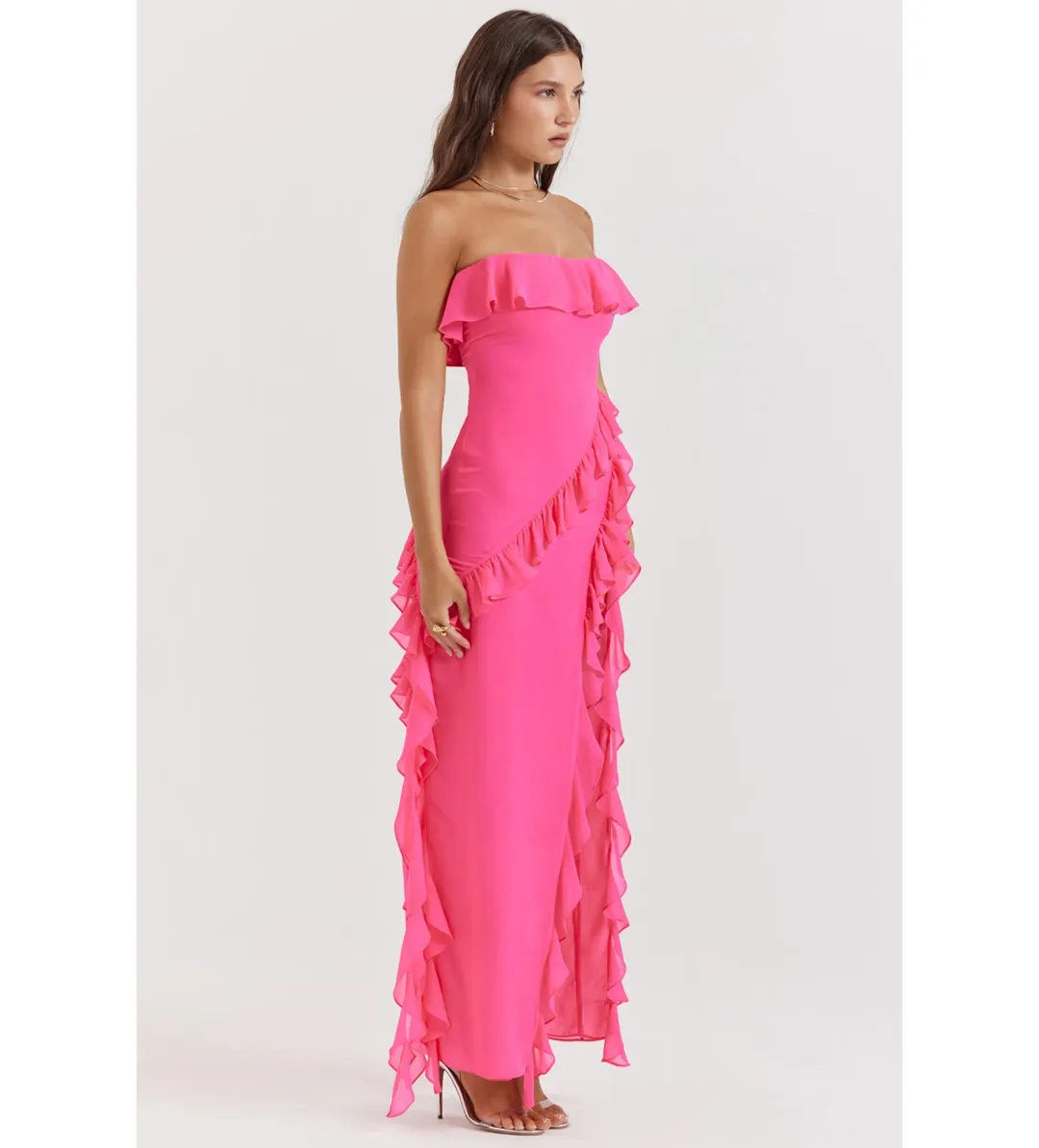 House of CB Sarina Ruffle Maxi Dress Fuchsia Size XS / AU 6 for rent on The Volte - main image