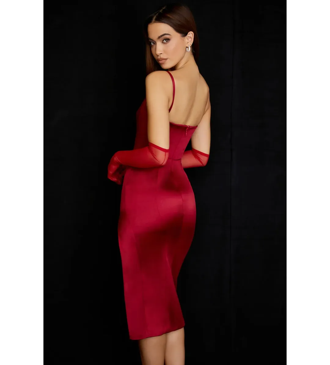 House Of Cb Casimira Wine Satin Corset Midi Dress Red Size 8 for rent on The Volte - main image
