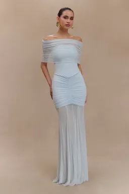 Meshki Caspian Slinky And Mesh Off Shoulder Maxi Dress Pale Blue Size 10 for rent on The Volte - image 1