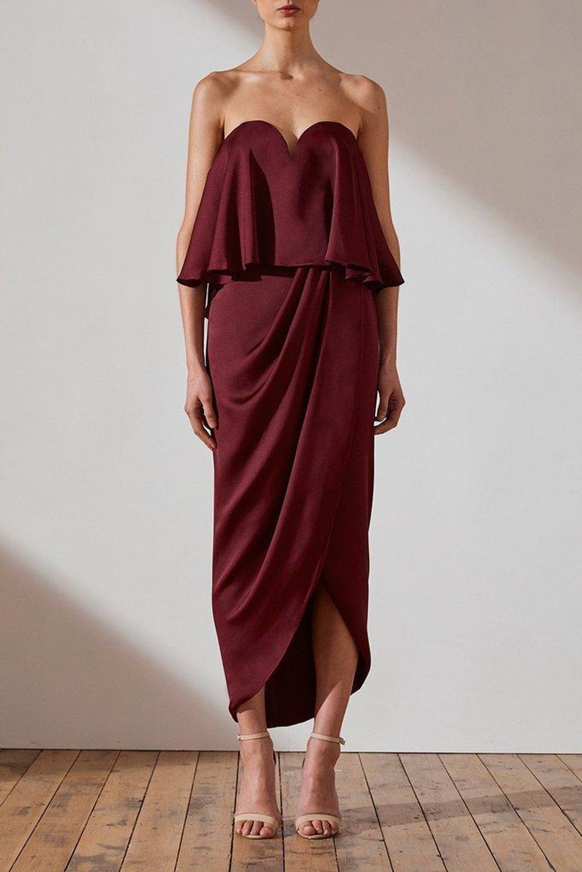 Shona Joy Luxe U Shaped Frill Dress Burgundy Size 10 for rent on The Volte - main image