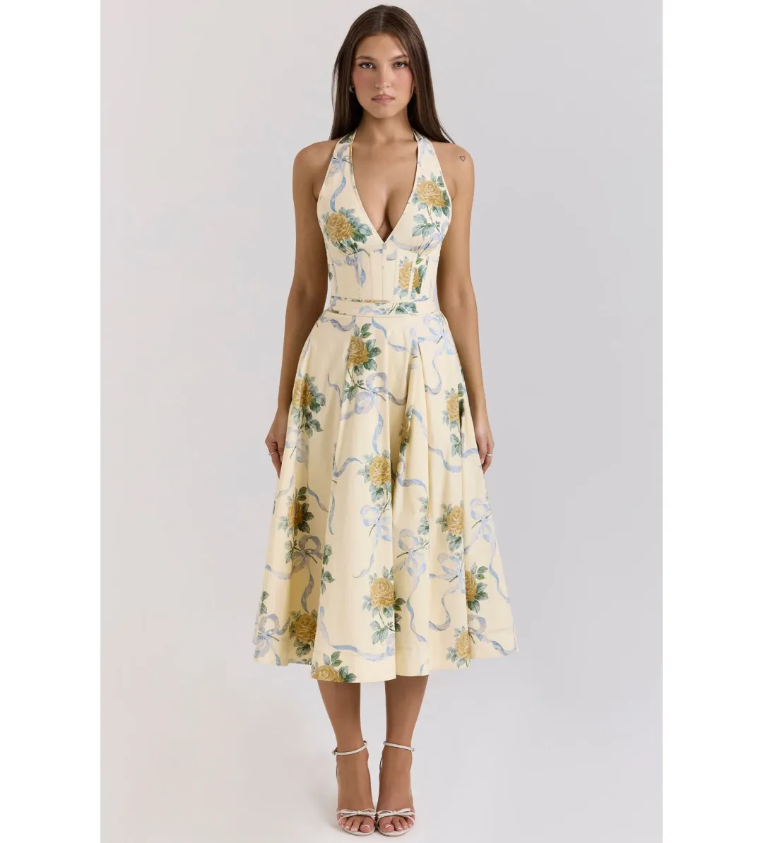 House of CB Allena Ribbon Stretch Cotton Halter Midi Sundress in Lemon Size AU 8 for rent on The Volte - main image