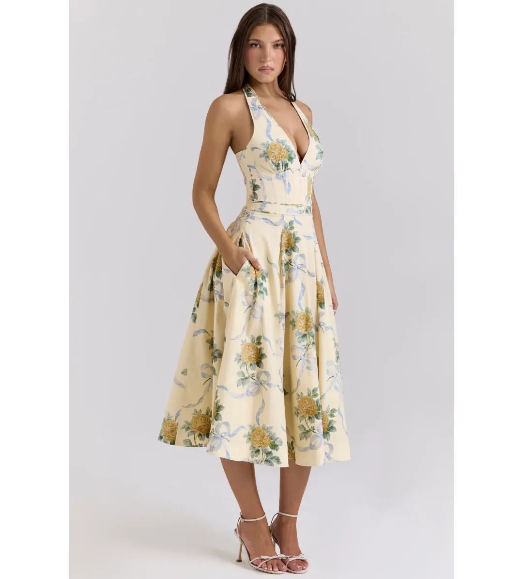 House of CB Allena Ribbon Stretch Cotton Halter Midi Sundress in Lemon Size AU 8 for rent on The Volte - main image
