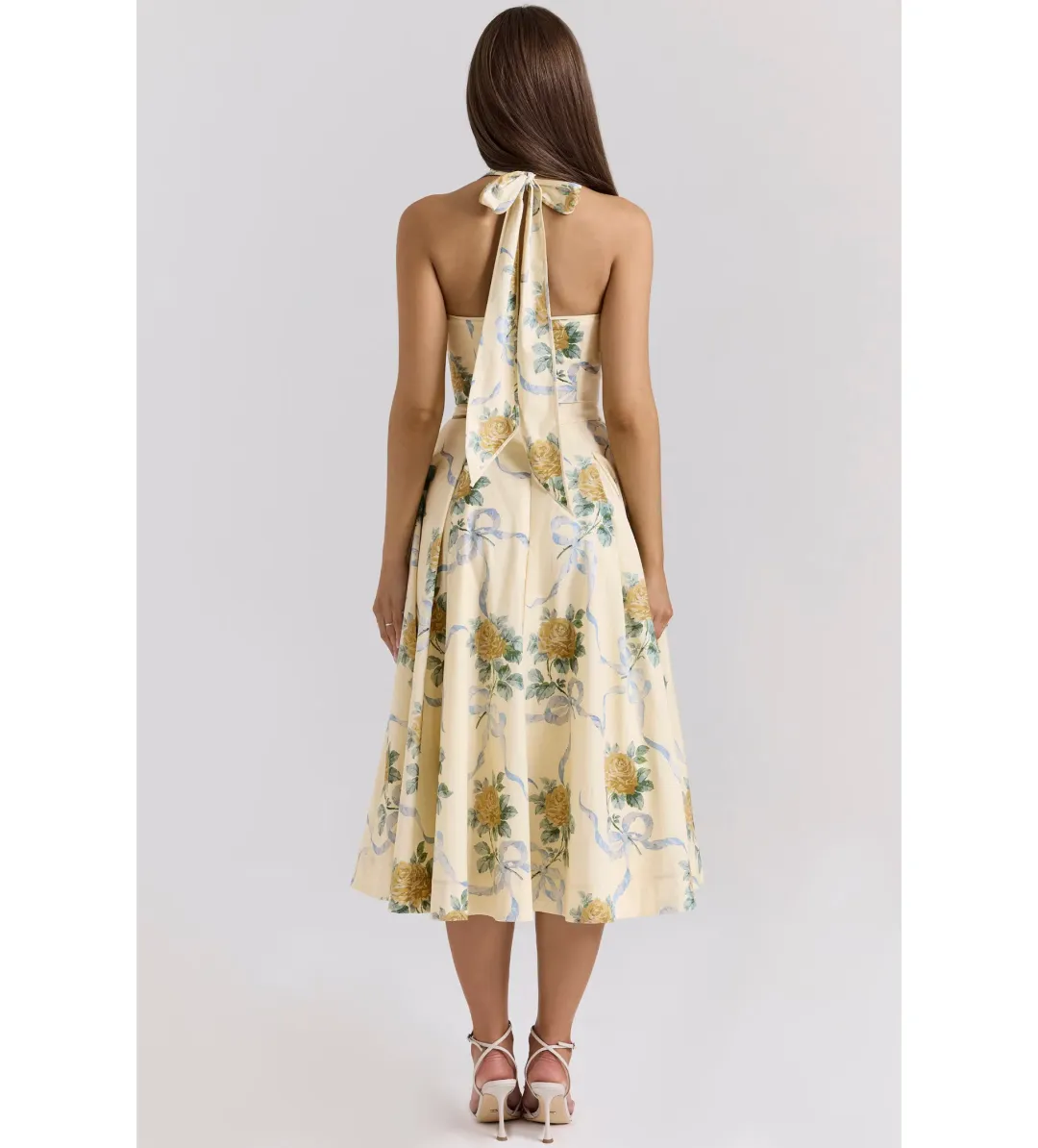 House of CB Allena Ribbon Stretch Cotton Halter Midi Sundress in Lemon Size AU 8 for rent on The Volte - main image