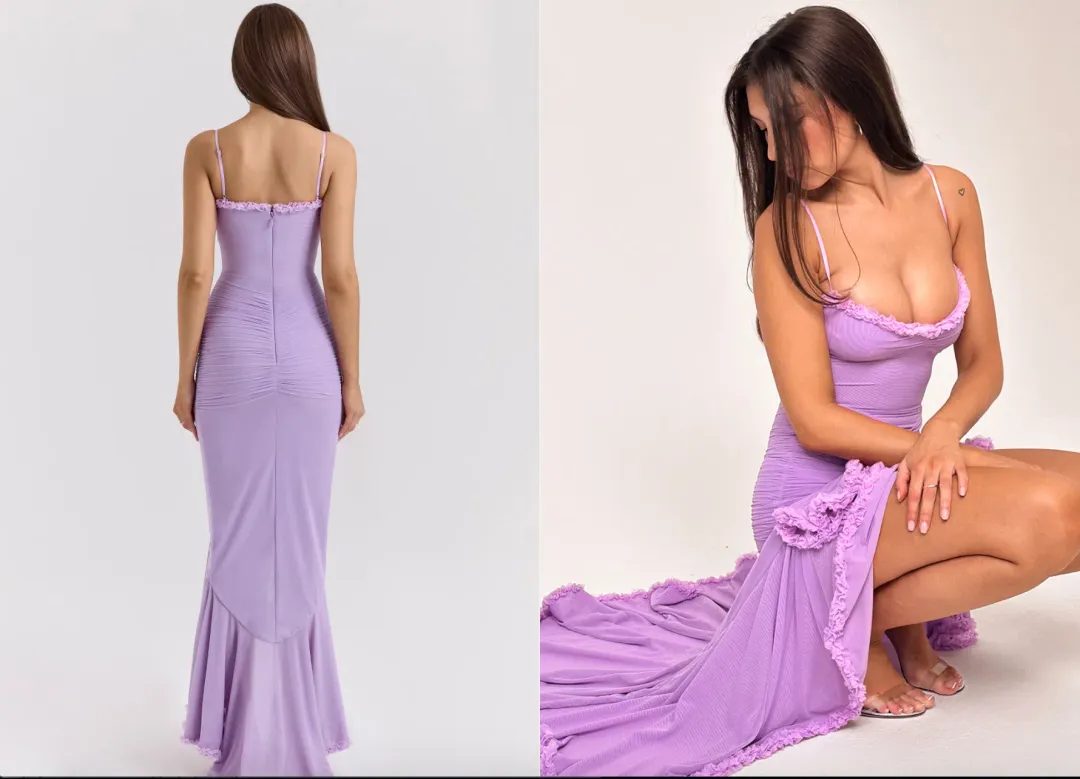 House of CB Gabbi Orchid Mesh Ruffled Front Gown Purple Lilac Size S AU 8 for rent on The Volte - main image