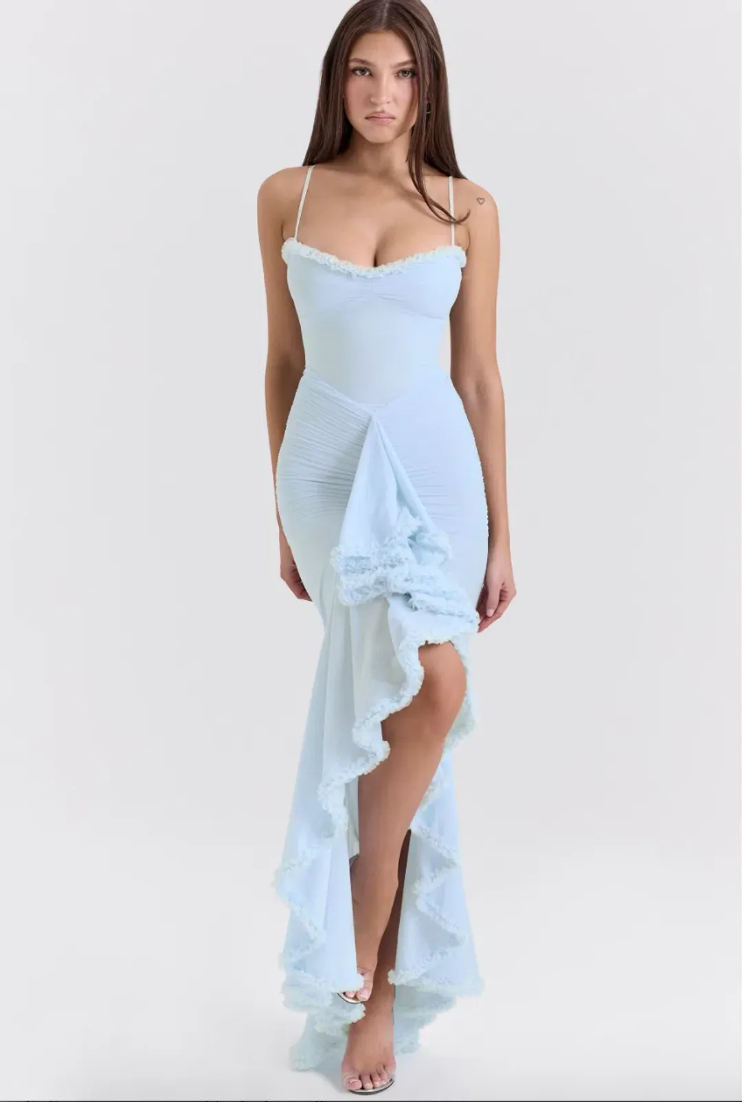 House of CB Gabbi Ice Blue Mesh Ruffled Front Gown Size AU 6 for rent on The Volte - main image