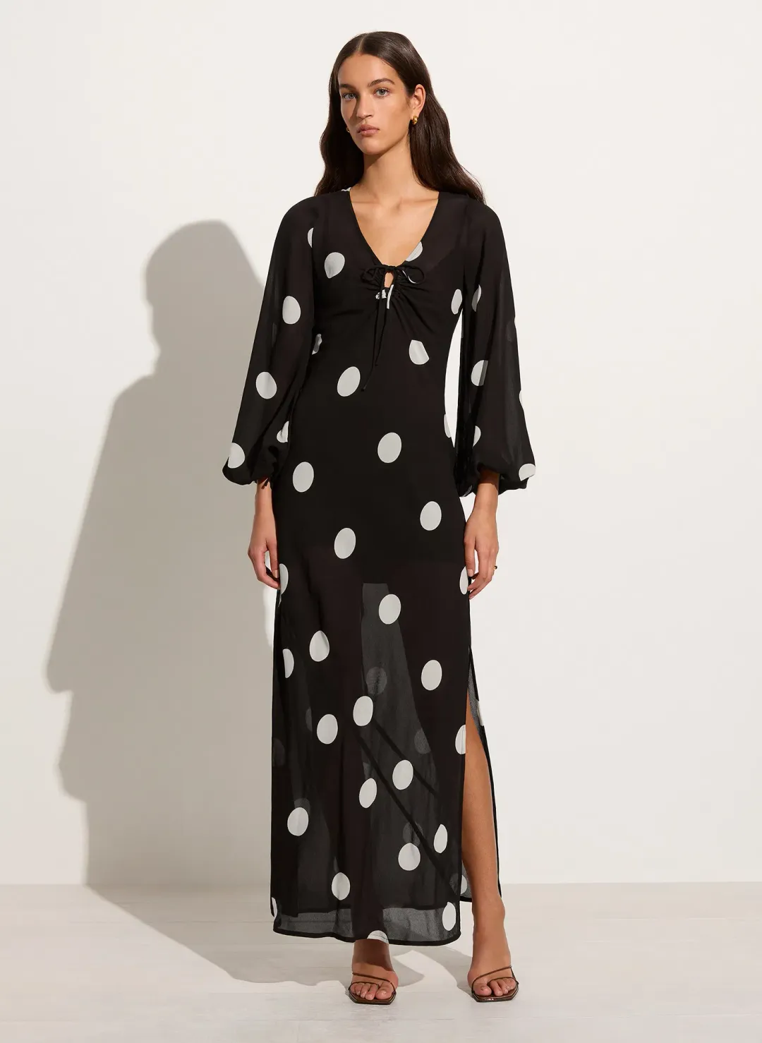 Faithfull The Brand Santos Maxi Dress Veia Polka Dot Chocolate Size AU 8 for rent on The Volte - main image