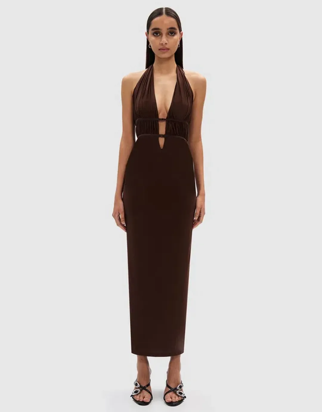Misha Celine Mesh Midi Dress Espresso Size 6/XS for rent on The Volte - main image