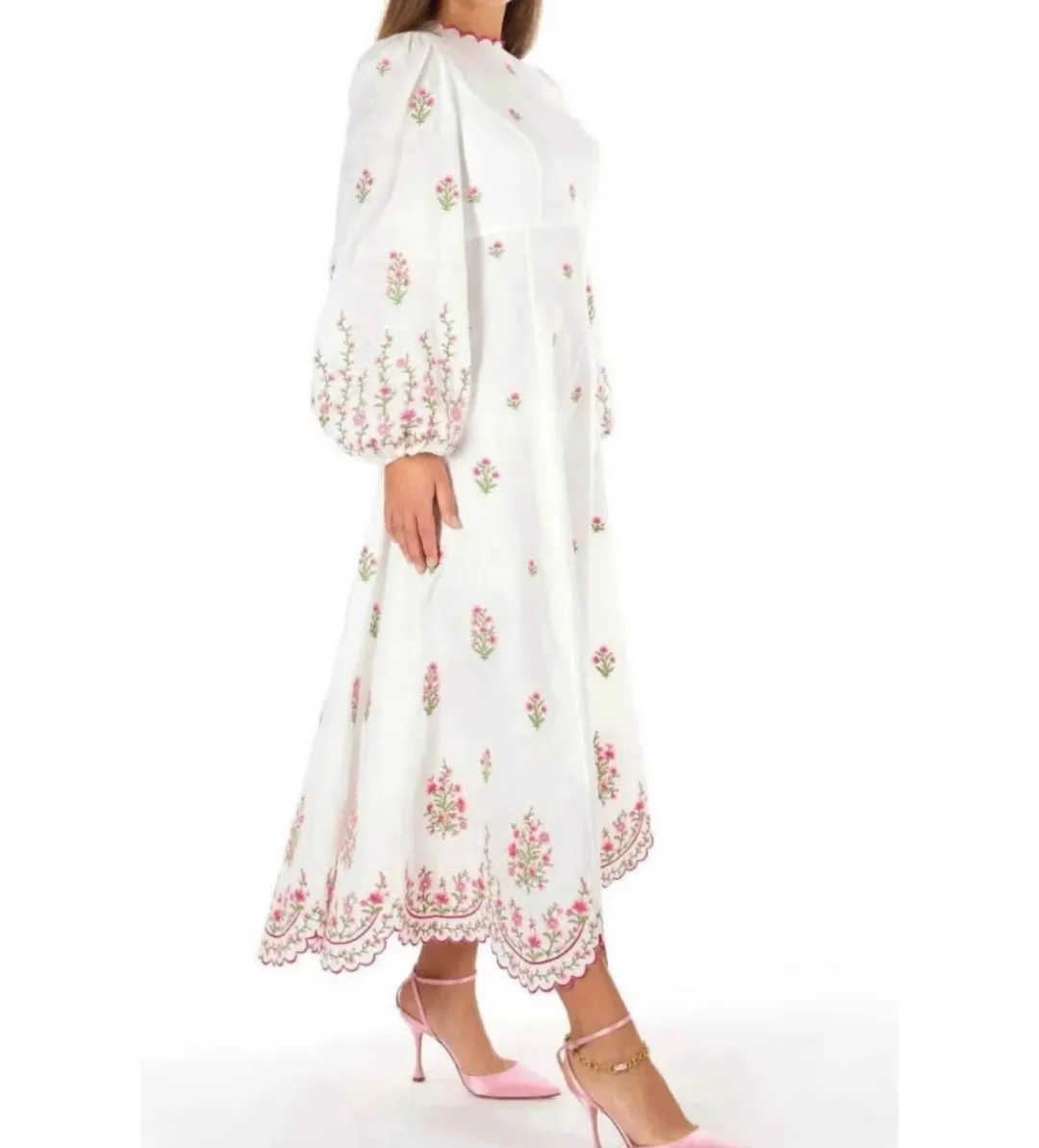 Zimmermann Poppy Floral-Embroidered Linen-Blend Midi Dress White Size 3/AU 14  for rent on The Volte - main image