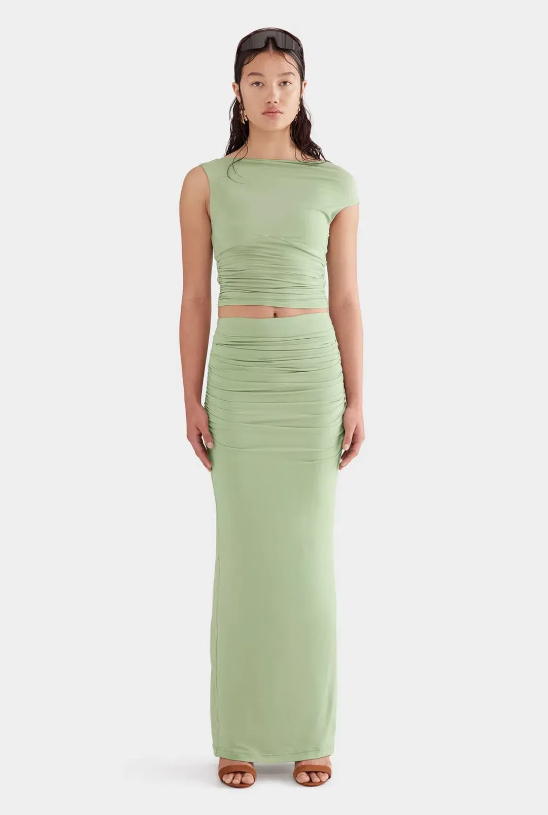 Venroy Drapped Jersey Top and Skirt Set in Mint Green Size M/AU 10 for rent on The Volte - main image