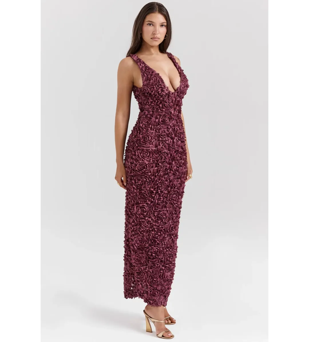 House Of CB Carena Merlot Plunge Floral Appliqué Maxi Dress in Burgundy Size XL/ AU 14 for rent on The Volte - main image
