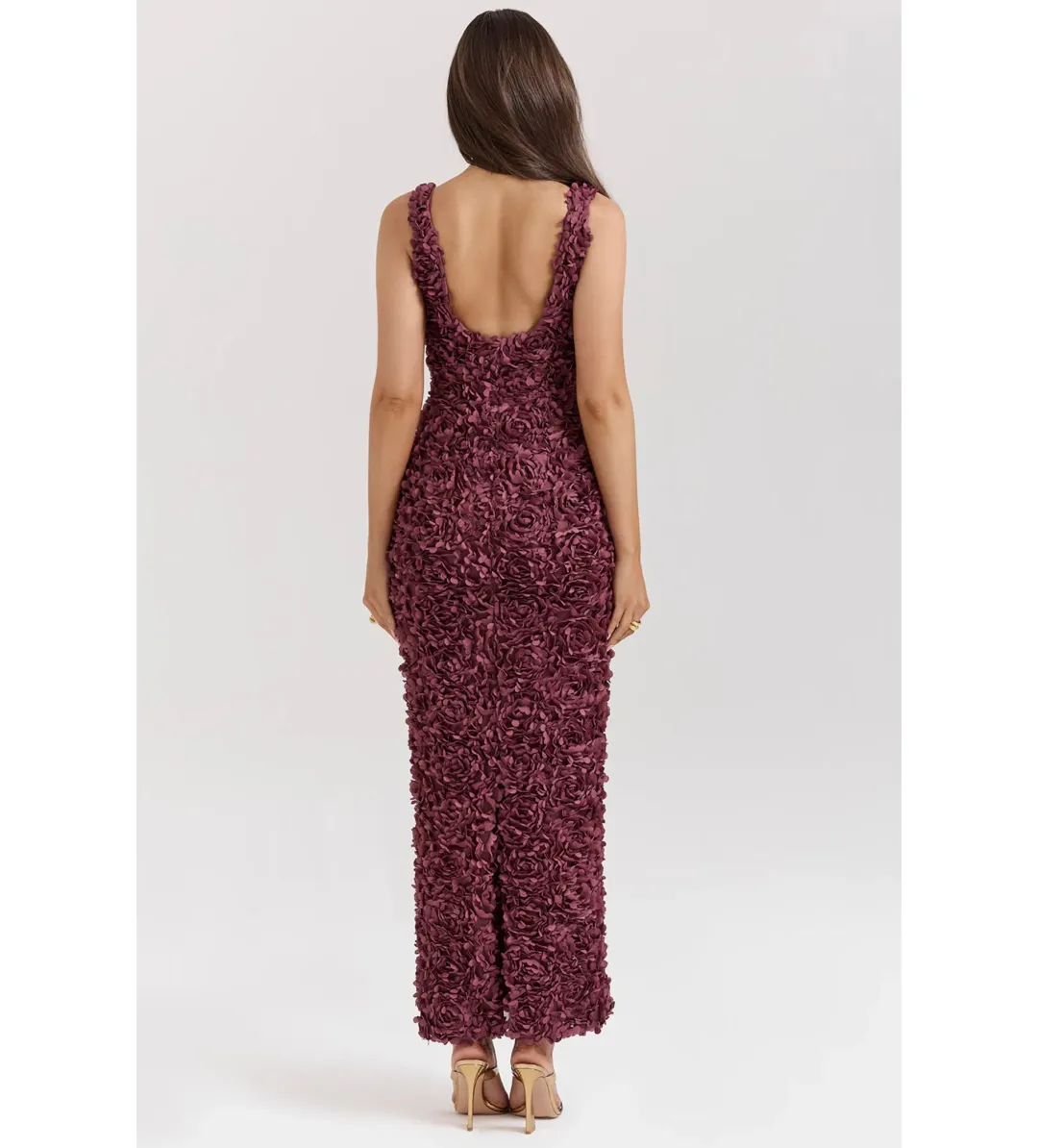House Of CB Carena Merlot Plunge Floral Appliqué Maxi Dress in Burgundy Size XL/ AU 14 for rent on The Volte - main image