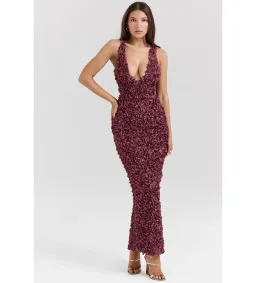 House Of CB Carena Merlot Plunge Floral Appliqué Maxi Dress in Burgundy Size XL/ AU 14 for rent on The Volte - image 1