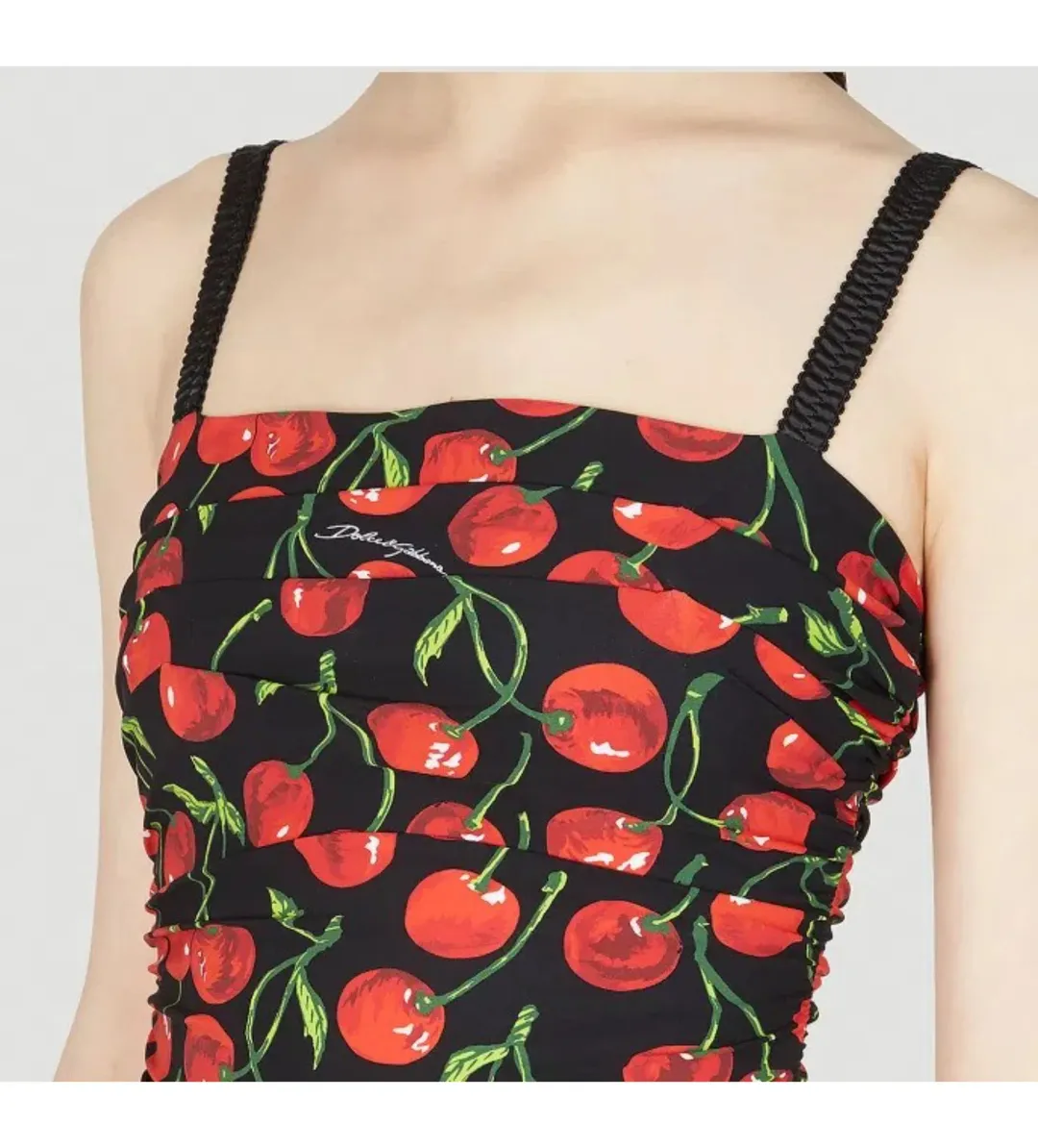 Dolce & Gabbana Cherry-Print Ruched Midi Dress Black Size AU 10 for rent on The Volte - main image