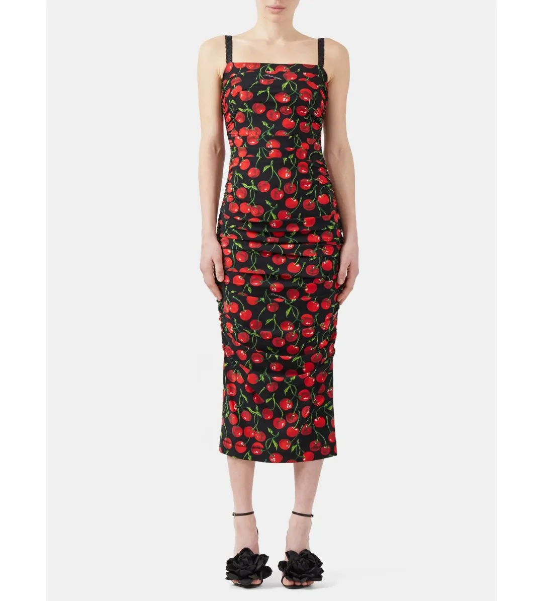 Dolce & Gabbana Cherry-Print Ruched Midi Dress Black Size AU 10 for rent on The Volte - main image