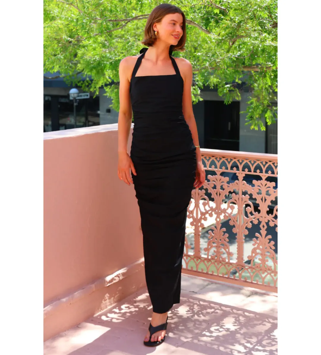 By Nicola Bay Linen Halter Neck Gathered Dress in Black AU 8 for rent on The Volte - main image