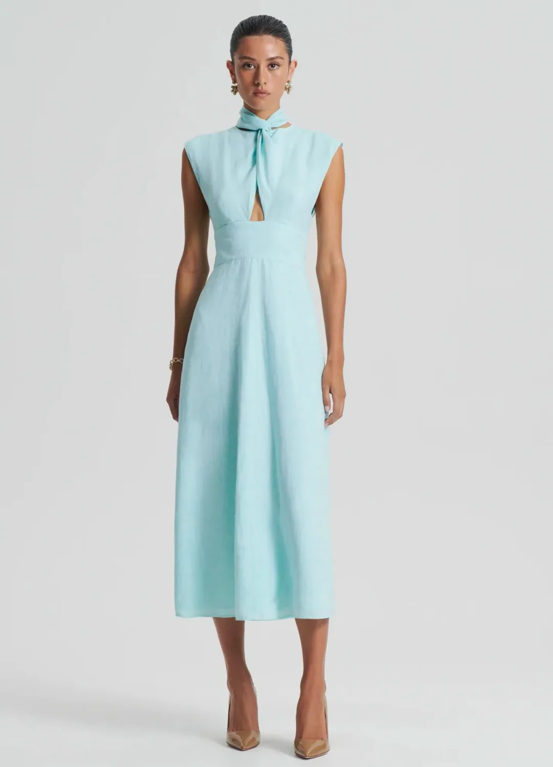 Scanlan Theodore Italian Linen Turban Twist Dress in Turquoise Size 8 for rent on The Volte - main image