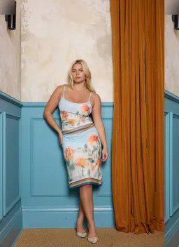 With Harper Lu Camisole Size M/AU 10 and Midi Skirt Size L /AU 12 in Mesh Baby Blue Set for rent on The Volte - image 1