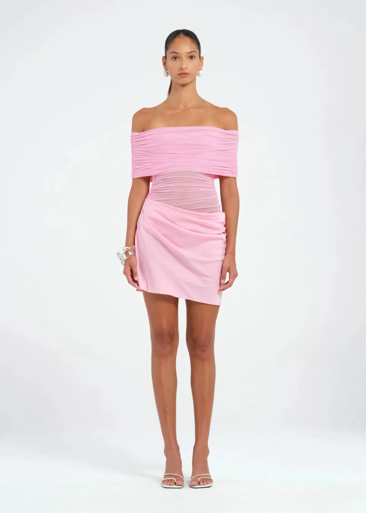 BENNI Nico Off-shoulder Mini Dress in Buttergum Size S / AU 8 for rent on The Volte - main image