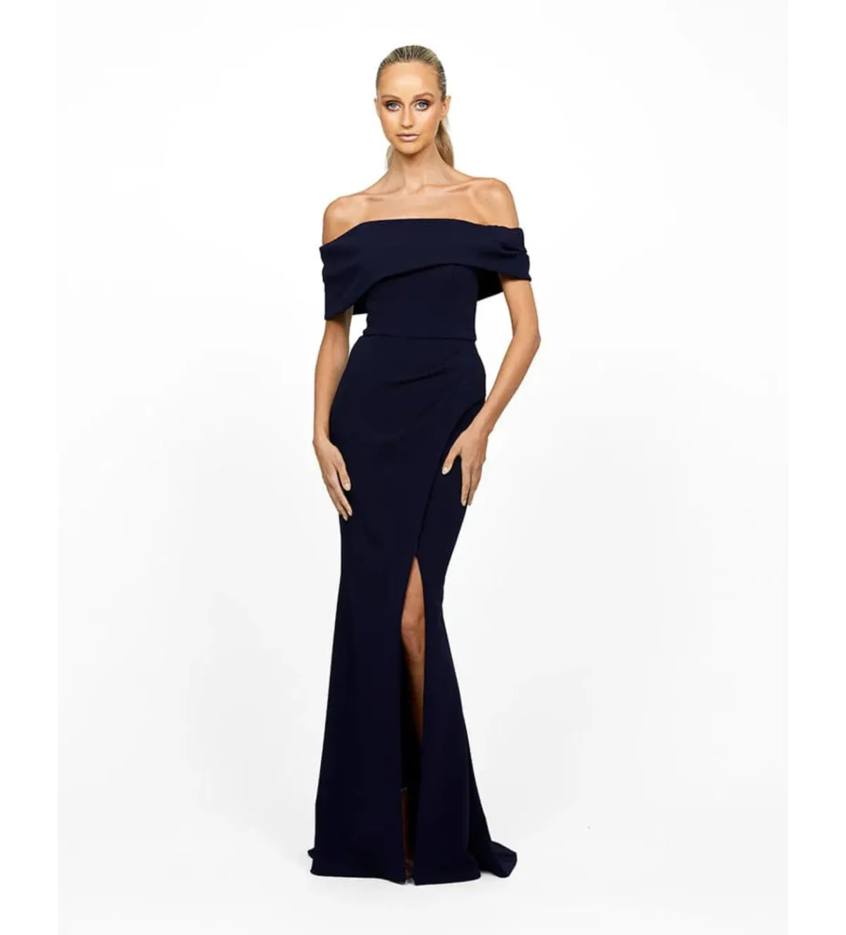 Bariano Candlelight Off Shoulder Maxi Gown Navy Size 12 for rent on The Volte - main image