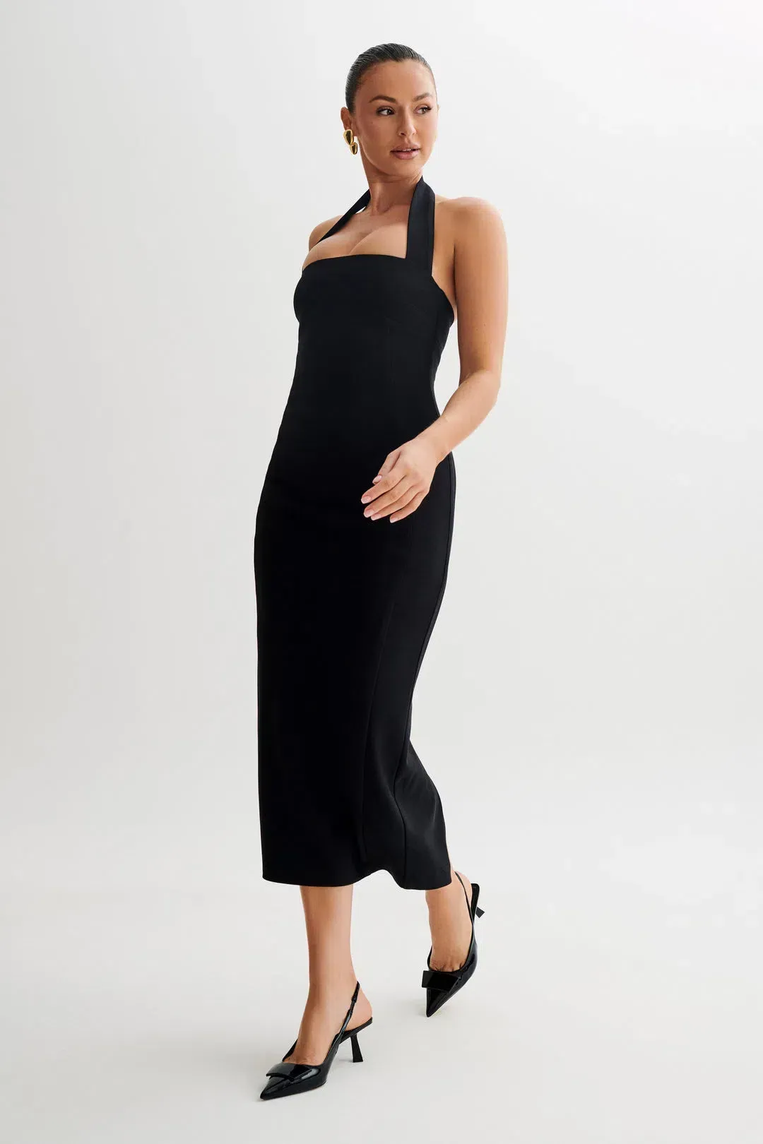 Meshki Amelita Suiting Halter Midi Dress Black Size 6 for rent on The Volte - main image