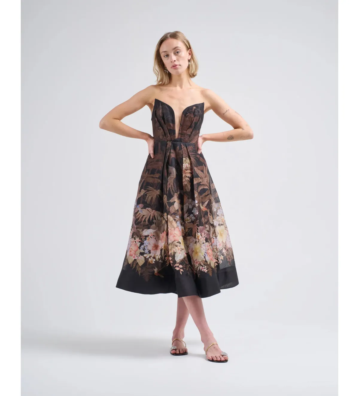 Zimmerman Illuminate Draped Mini Dress Black Tropical Size AU 10 for rent on The Volte - main image