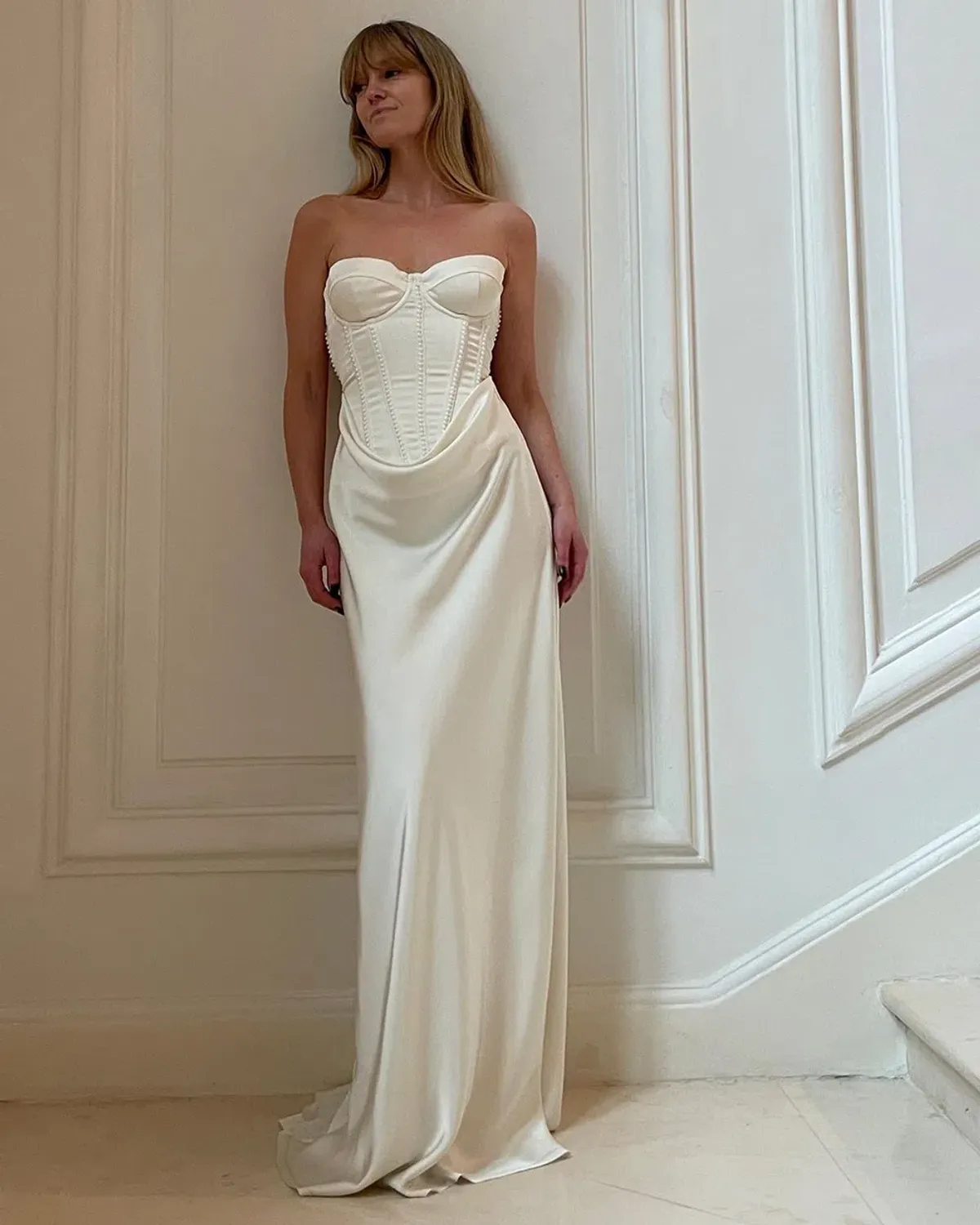 Rotate by Birger Christensen Satin Pearl Corset Dress in White Size 34 / AU 6  for rent on The Volte - main image