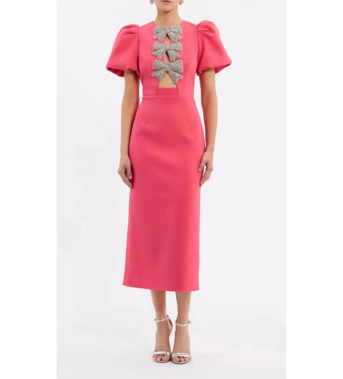 Rebecca Vallance Posey Puff Sleeve Midi Dress Pink Size AU 10 for rent on The Volte - main image