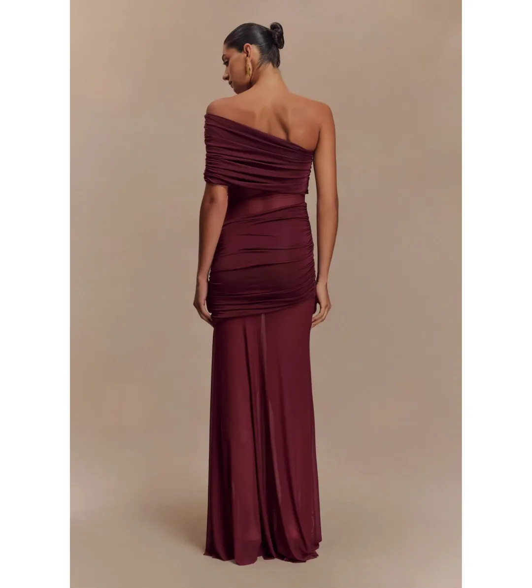 Meshki Dallas One Shoulder Mesh Maxi Dress Burgundy Size AU 8 for rent on The Volte - main image