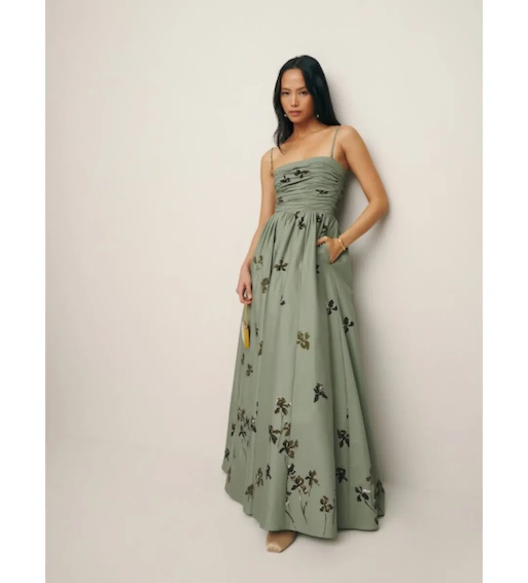 Reformation Kastoria Ruched Maxi Dress in Green/Iris Border Size 0/AU 6 for rent on The Volte - main image