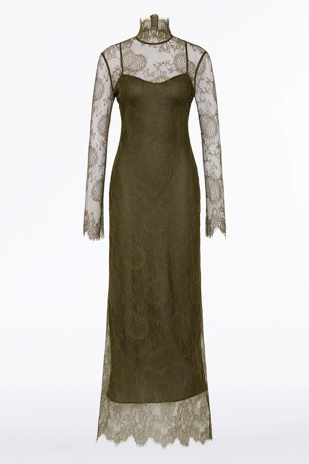 Carla Zampatti Juniper Chantilly Lace Sleeved Gown Olive Size 14 for rent on The Volte - main image