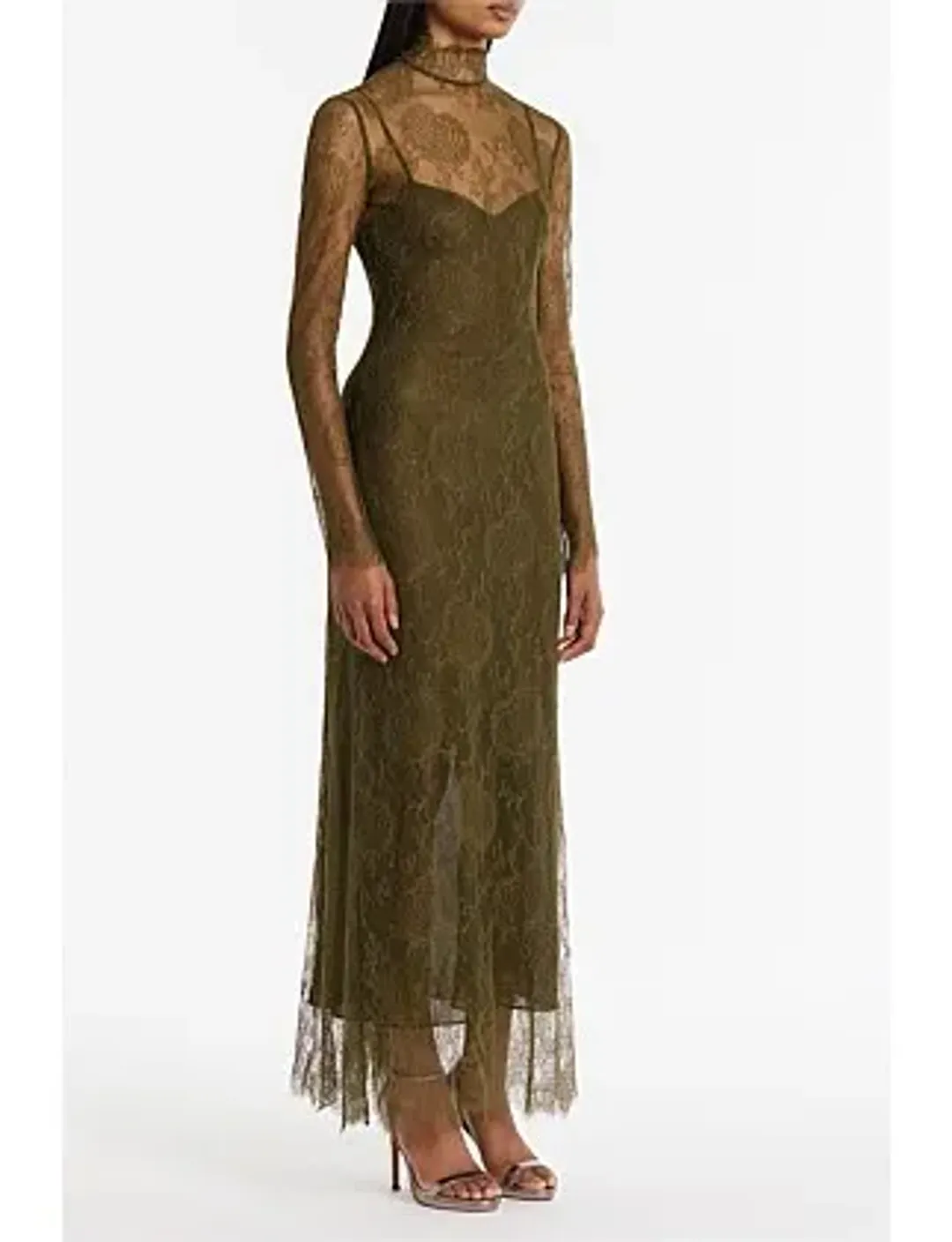 Carla Zampatti Juniper Chantilly Lace Sleeved Gown Olive Size 14 for rent on The Volte - main image