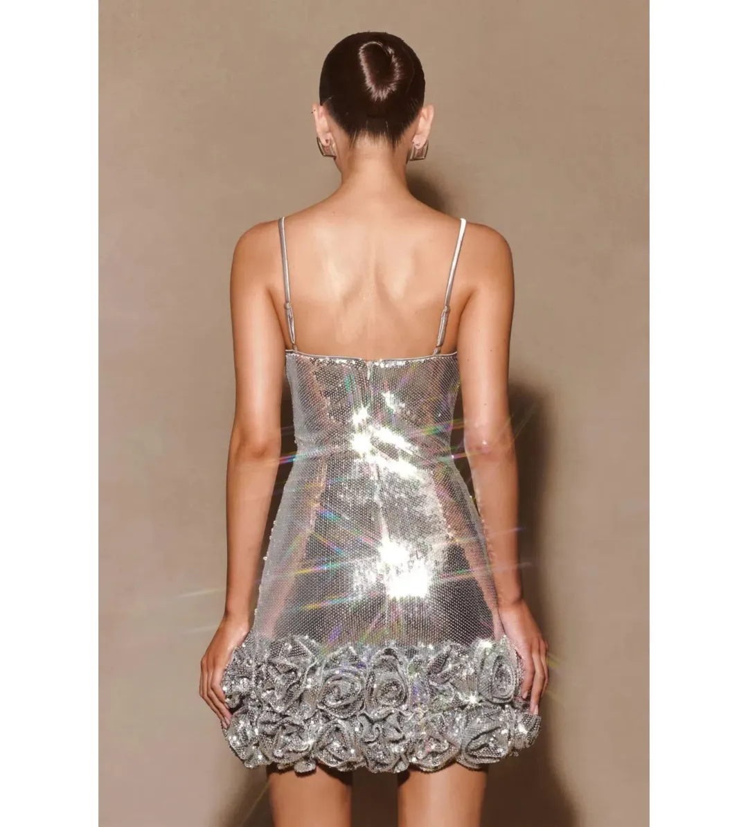 Meshki Faye Sequin Flower Mini Dress Silver Size AU 8 for rent on The Volte - main image