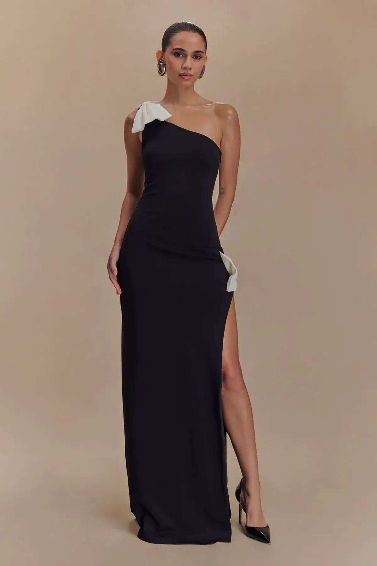 Meshki Hallie One Shoulder Bow Maxi Dress Black/White Size 8 for rent on The Volte - main image