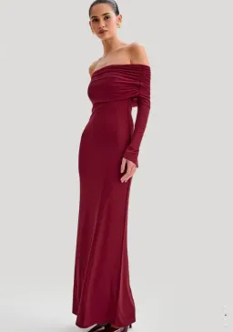 Meshki Josie Off Shoulder Mesh Maxi Dress Burgundy Size 10 for rent on The Volte - image 2