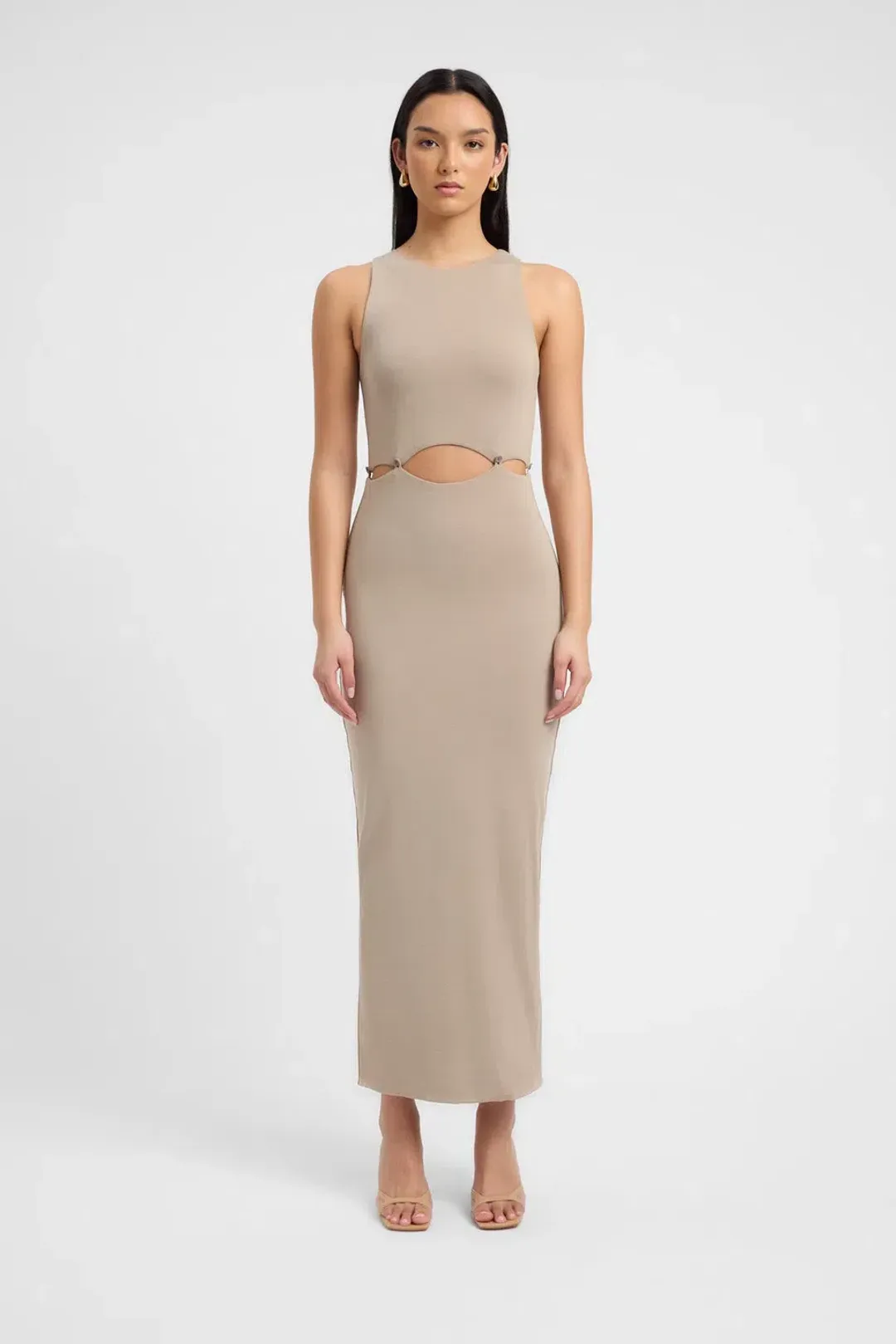 Kookai Taupe Lottie Button Detailing Midi Dress Brown Size 8 for rent on The Volte - main image