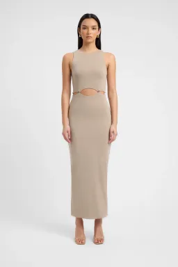Kookai Taupe Lottie Button Detailing Midi Dress Brown Size 8 for rent on The Volte - image 1